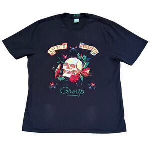 Lifted Research Group Embroidered Floral Skull Short Sleeve Black T-Shirt, Large
